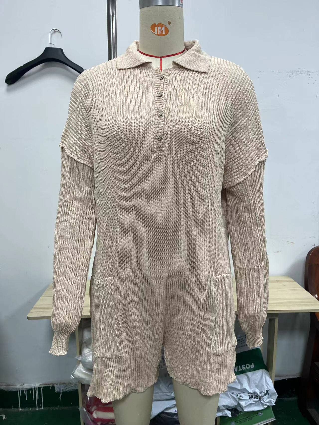 CASUAL SIMPLE V-NECK BUTTON SOLID COLOR JUMPSUIT