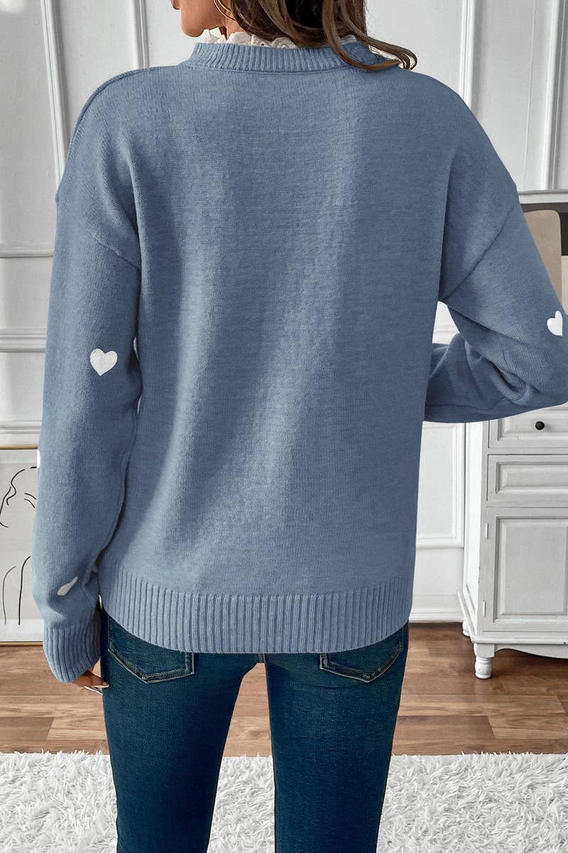 CWOSWL07115_V-NECK HEART-PRINT VALENTINE'S DAY SWEATER