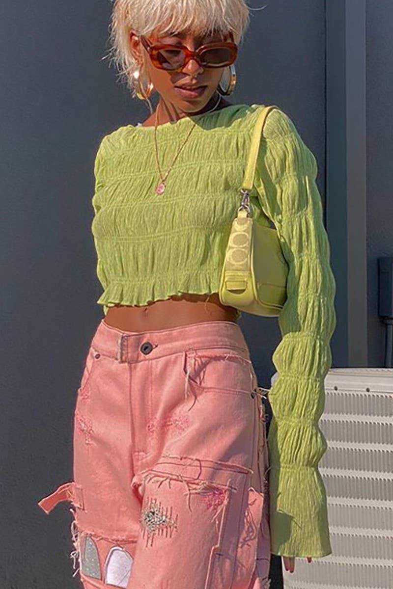 CWTBLL3445_SOLID COLOR RUFFLED CREW NECK LONG SLEEVE TOP