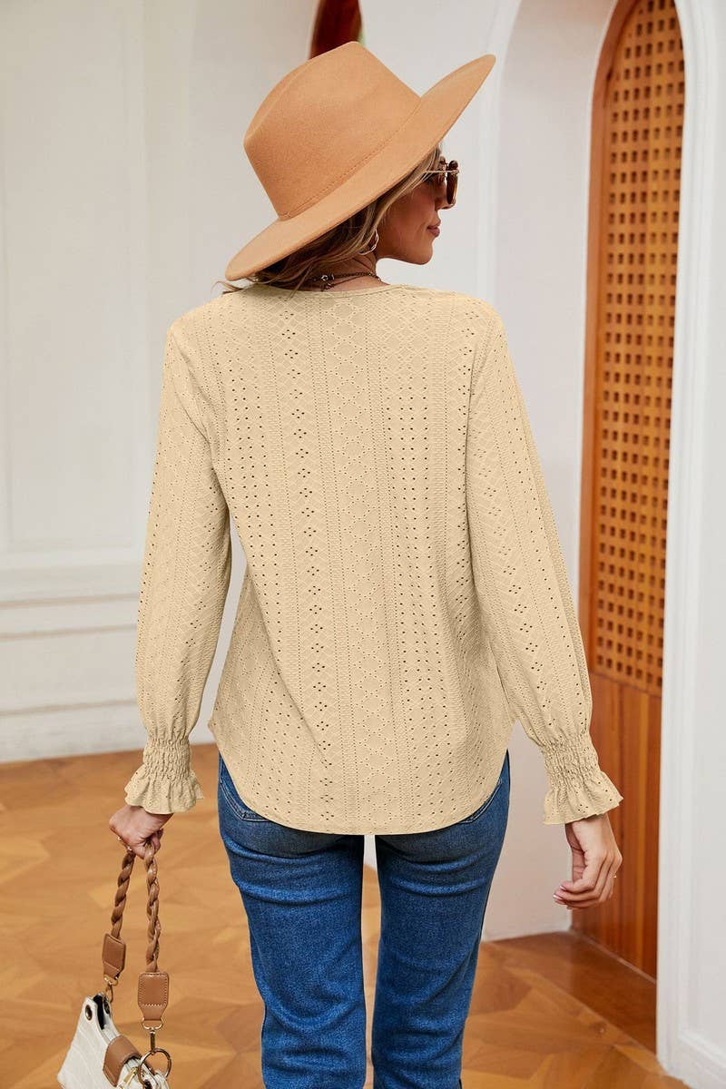 CWTBLL2389_V-NECK LACE STITCHING LONG-SLEEVED PULLOVER