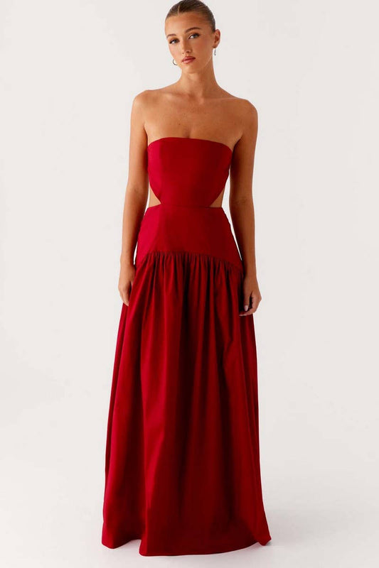 CWDTD0482_STRAPLESS RUCHED BACKLESS PATCHWORK DRESS