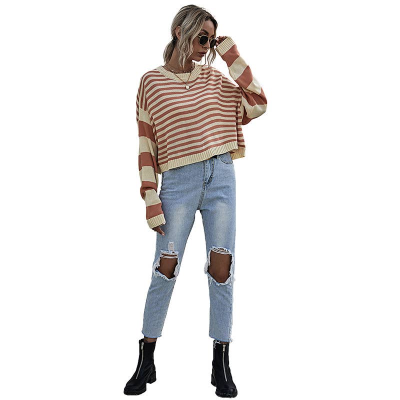 CONTRASTING COLOR STRIPED CREW NECK LOOSE KNIT