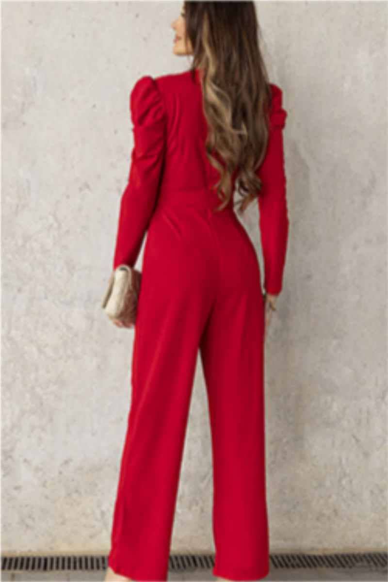 CWSJS1098_V-NECK LONG SLEEVED WAIST ONE-PIECE PANTS
