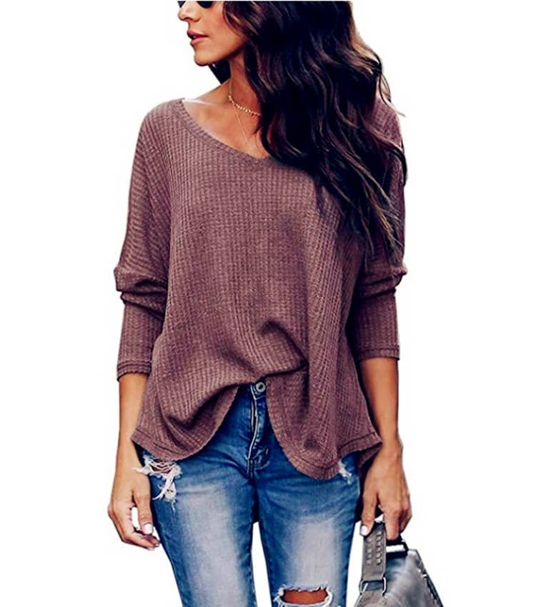 CWTTL1205_V-neck Long Sleeved Loose Knit Top