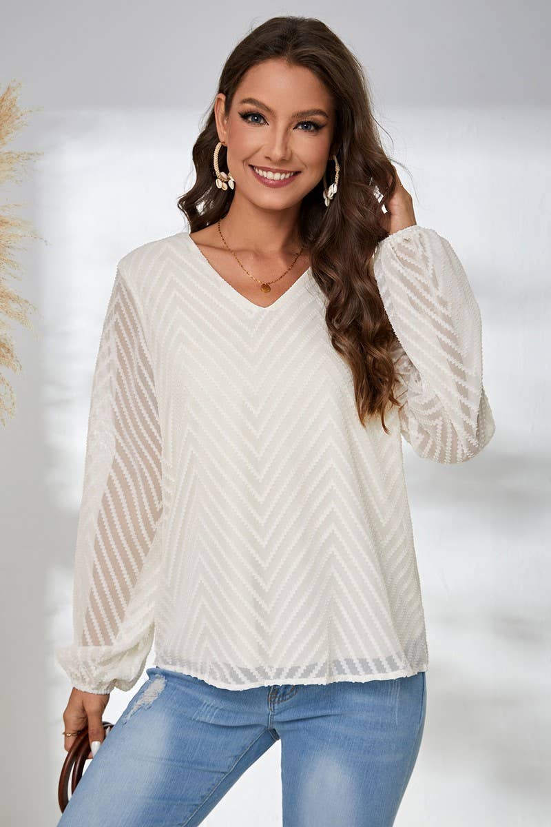 CWTBLL3848_SEMI-SHEER LONG SLEEVE JACQUARD PULLOVER SHIRT