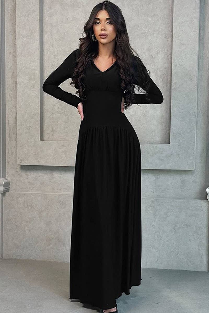 CWDMD01205_V NECK RUCHED WAIST SOLID MAXI DRESS