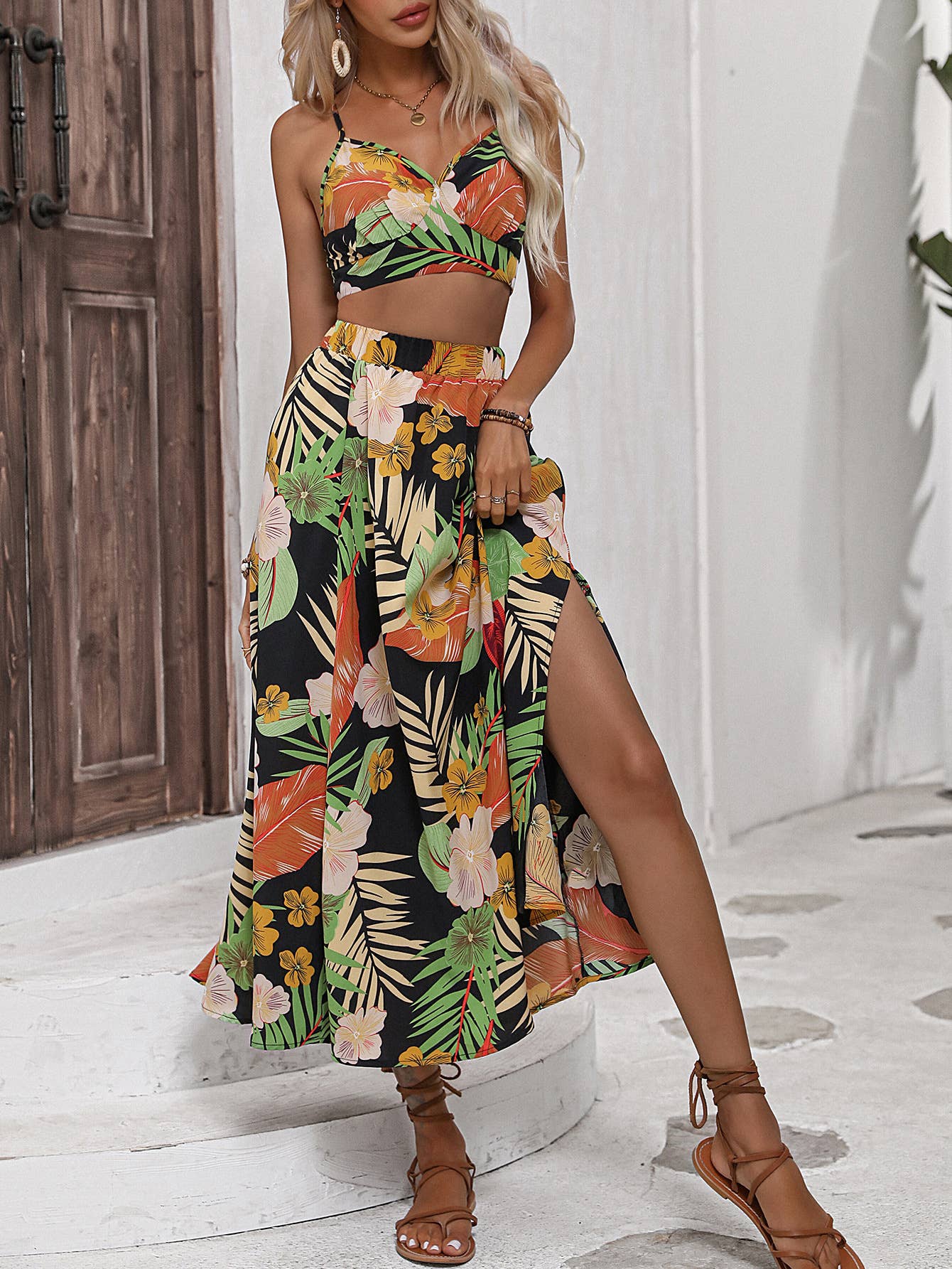 Casual patchwork printed halter dress two-piece