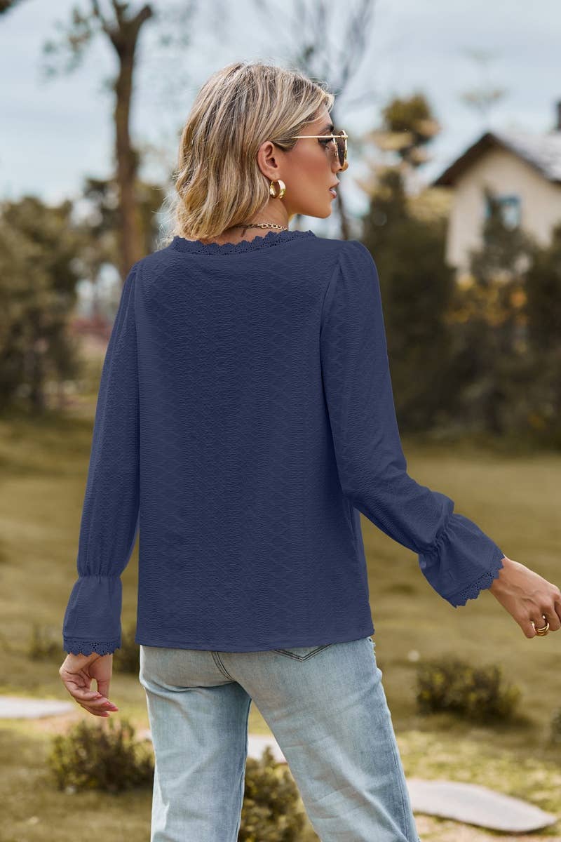 CWTBLL2710_STYLISH V-NECK LACE PATCHWORK LONG-SLEEVED TOP