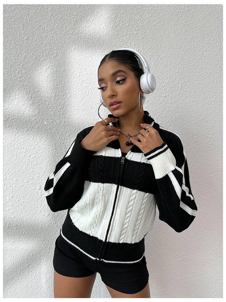 BLACK AND WHITE STRIPED LONG-SLEEVED CARDIGAN