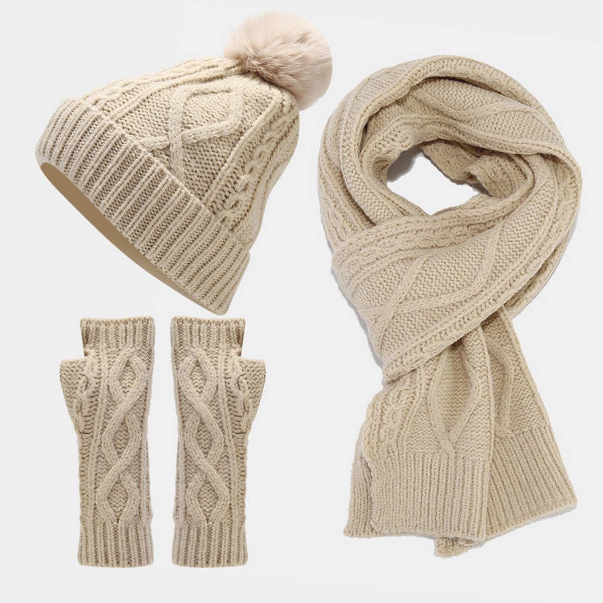 CABLE KNIT HAT, SCARF AND GLOVES THREE-PIECE SET_CWAH1580
