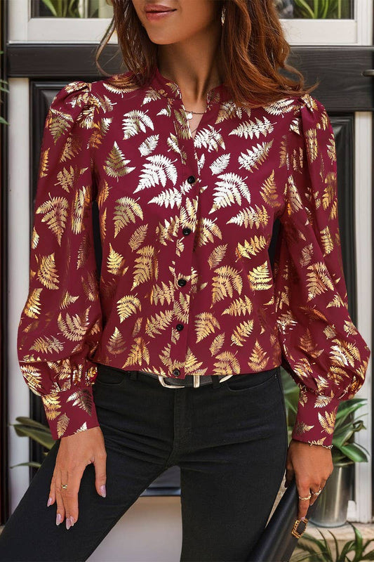 CWTBLL3568_SPRING AND AUTUMN FLORAL GOLD STAMPING SHIRT