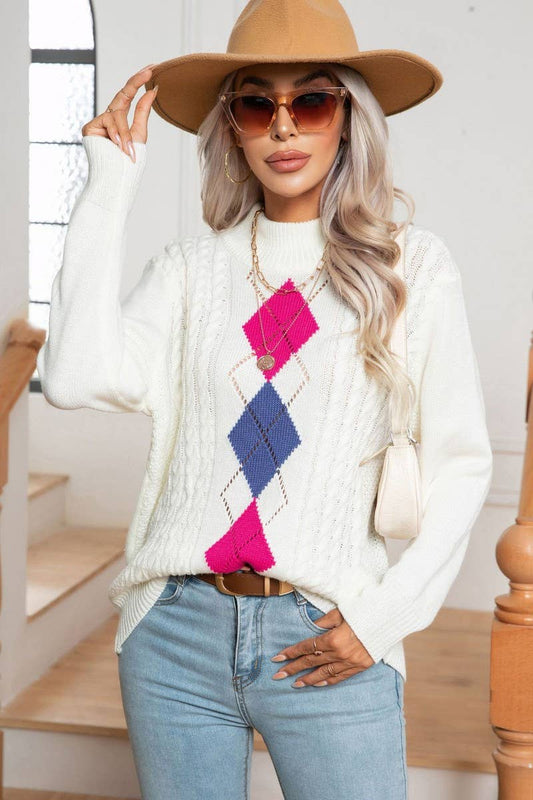 CWOSWL3962_CONTRAST COLOR CABLE HALF TURTLENECK SWEATER