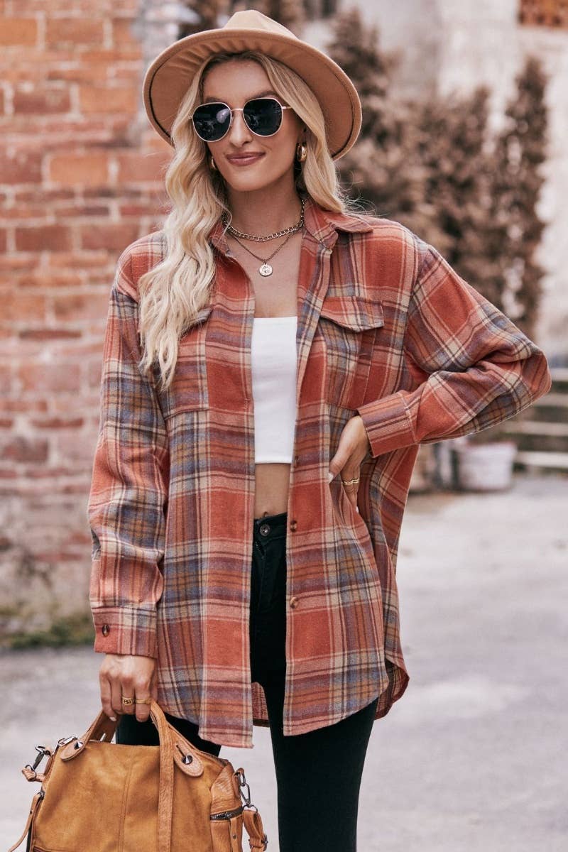 CWTSTL2188_AUTUMN WINTER POCKET PLAID LONG-SLEEVED SHIRT