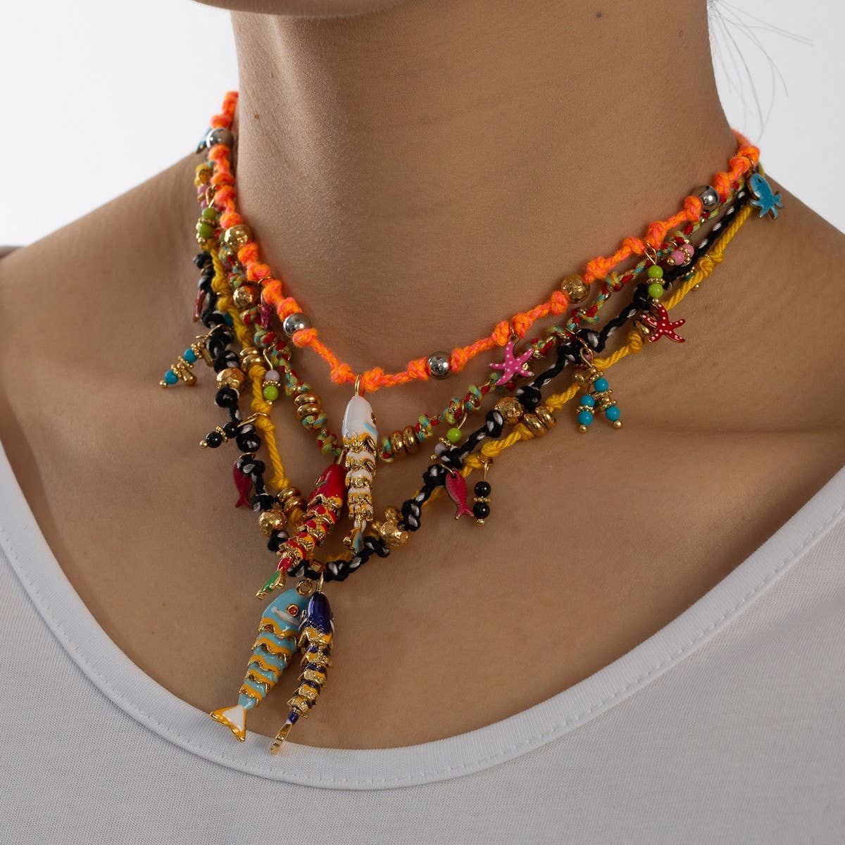 Colorful Enamel Fish Rope Necklace for Vacation