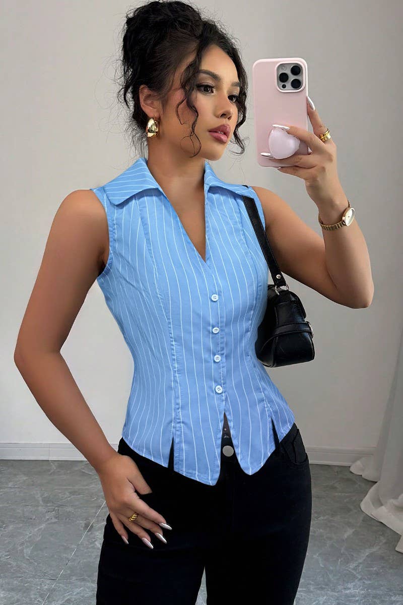 CWTBLSL0953_SUMMER TEMPERAMENT STRIPED SLEEVELESS SLIM SHIRT