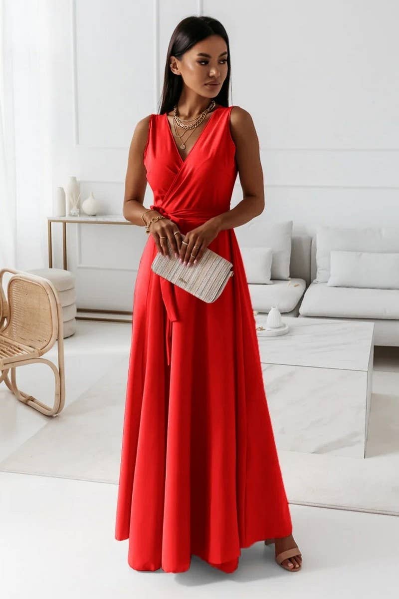 CWDMD6334_TIE WAIST V-NECK EVENING LONG GOWN DRESS