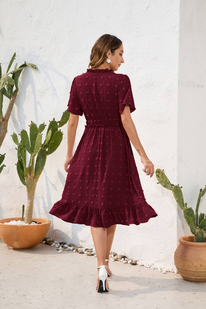 CWDMD2141_V-NECK HIGH-WAISTED LACE-UP DRESS