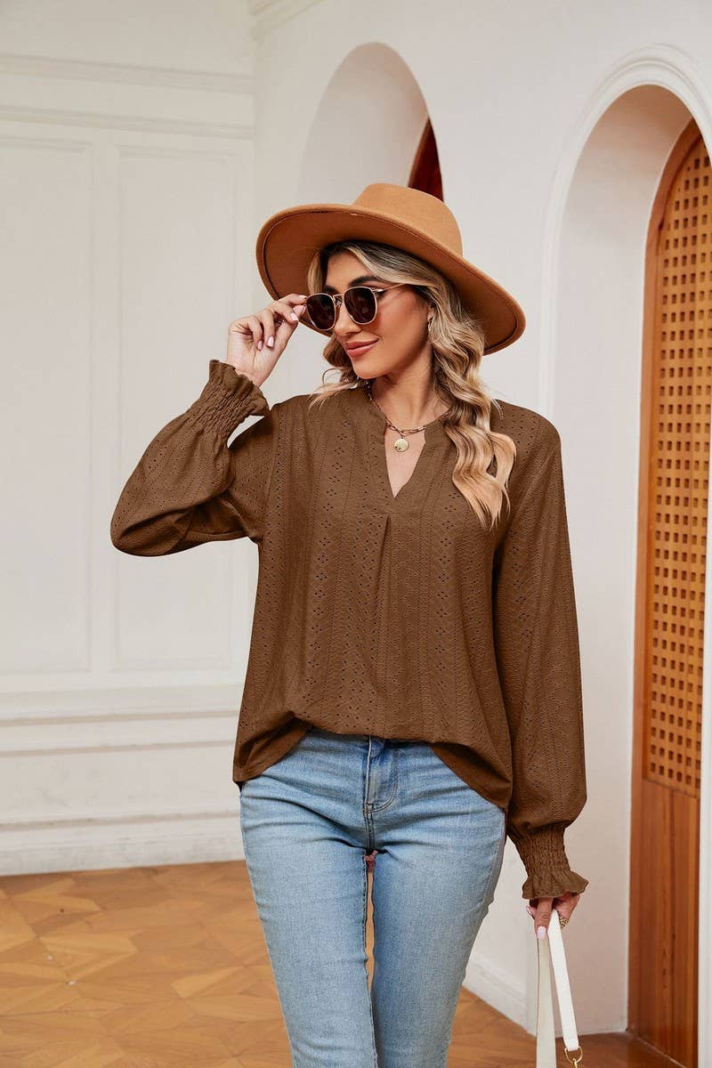 CWTBLL2377_SOLID COLOR V-NECK LOOSE LONG-SLEEVED PULLOVER