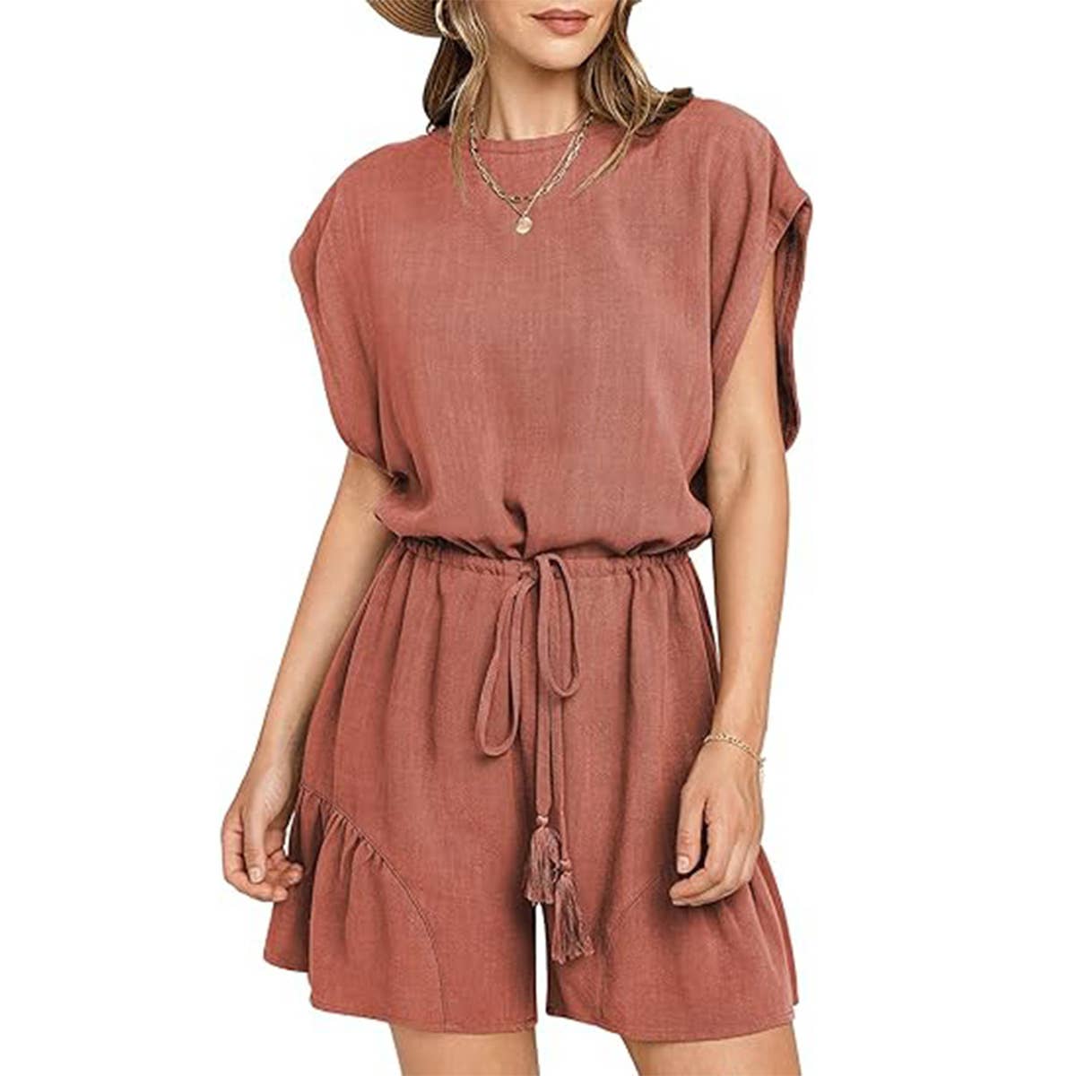 COTTON LINEN CASUAL BELTED SHORT SLEEVE ROMPER