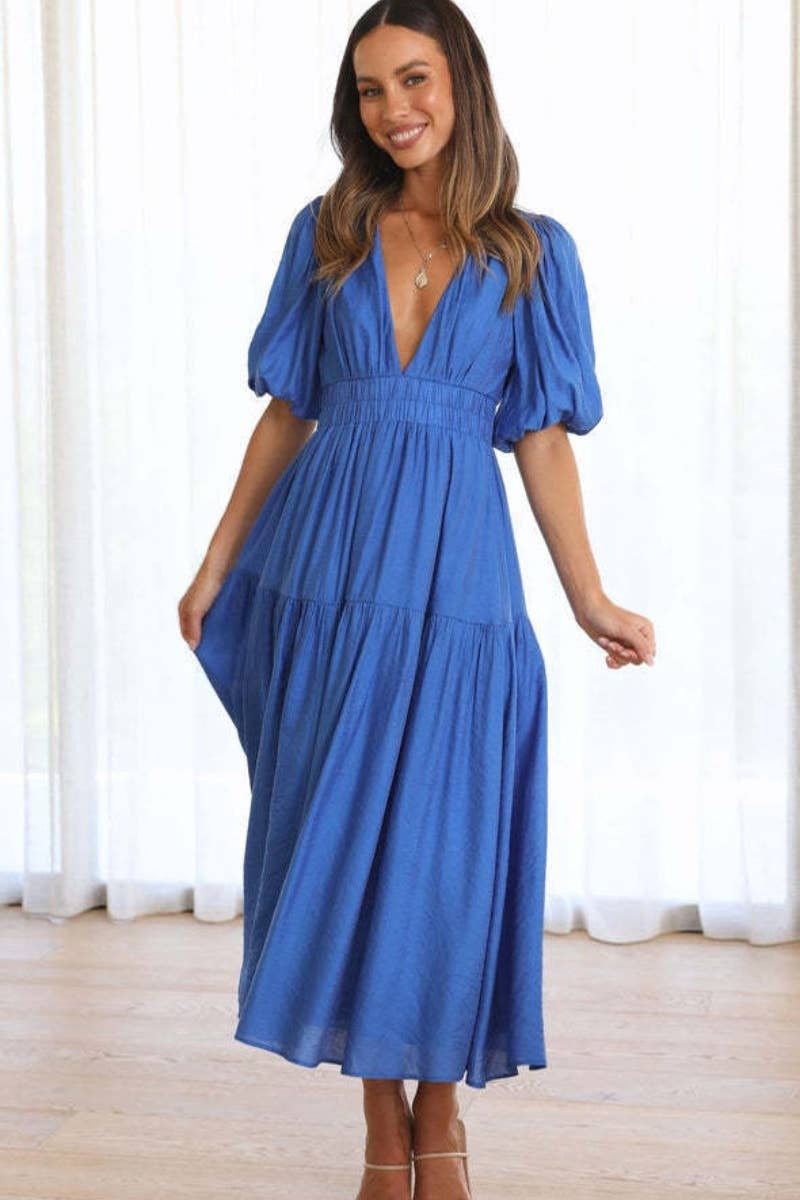 CWDMD1911_WOMEN'S SEXY DEEP V MID-SLEEVE LONG DRESS