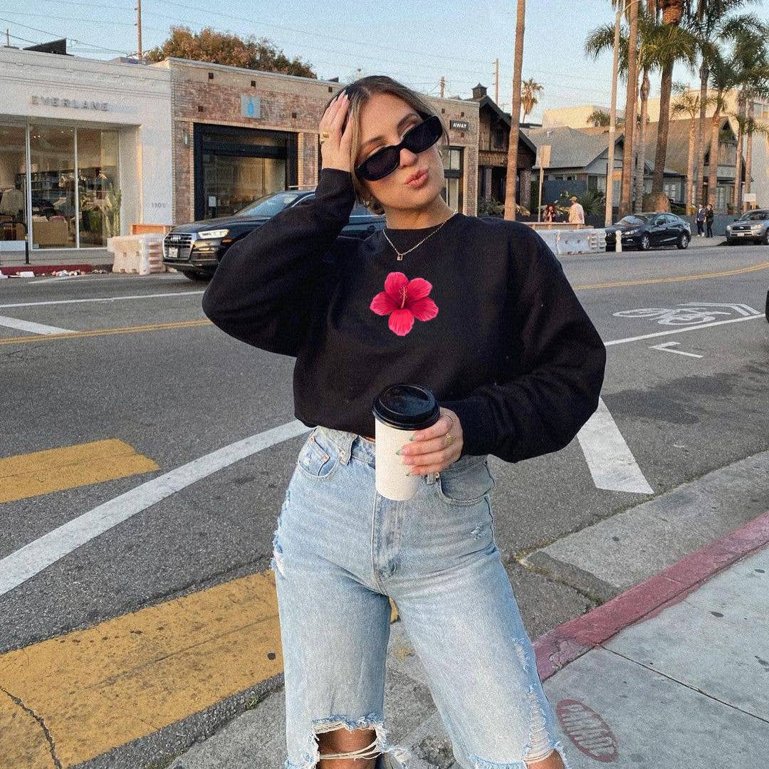 Flower-printed off-the-shoulder sweatshirt