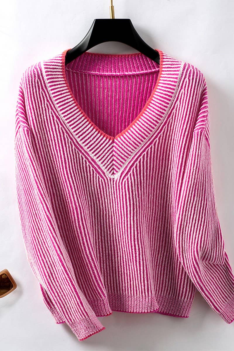 CWOSWL2834_V-NECK STRIPED CASUAL PULLOVER KNIT TOP