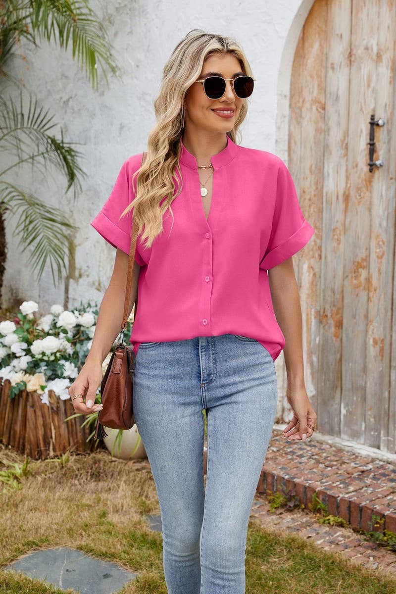 CWTBLS2280_SOLID V-NECK BUTTON DOWN CASUAL SHIRT TEE TOP