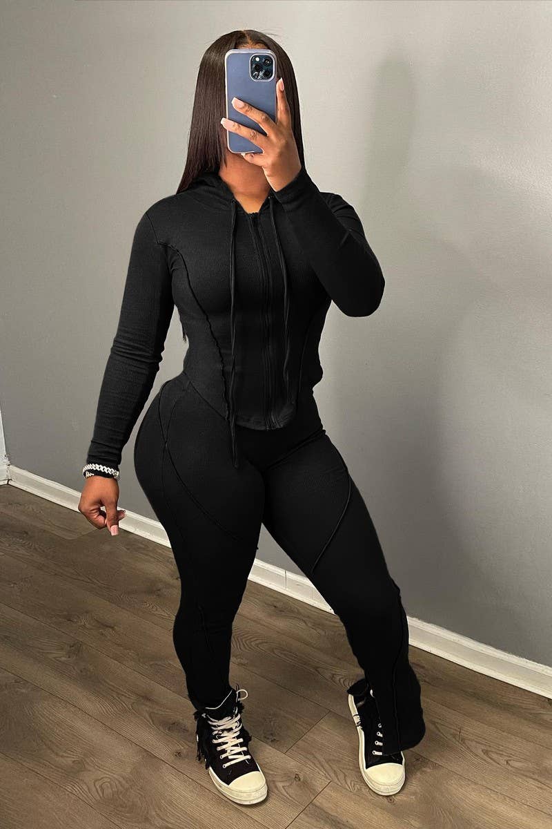 CWSTB1492_HOODED ZIPPER LONG SLEEVE PANTS TWO-PIECE SET