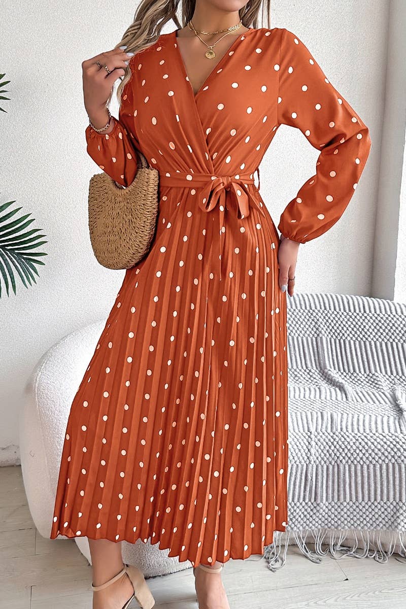 CWDMD3444_POLKA DOT CROSS V-NECK PLEATED DRESS LONG