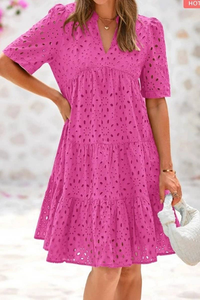 CWDSD8527_V-NECK HOLLOW LACE ELEGANT A-LINE DRESS