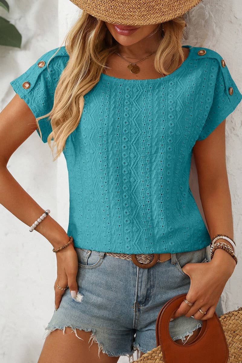 CWTBLS1709_ROUND NECK BUTTON SHORT SLEEVE CUTOUT TOP