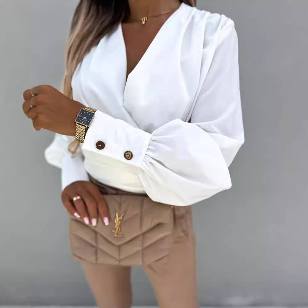 CROSSED DEEP V-NECK SOLID COLOR LONG-SLEEVED TOP