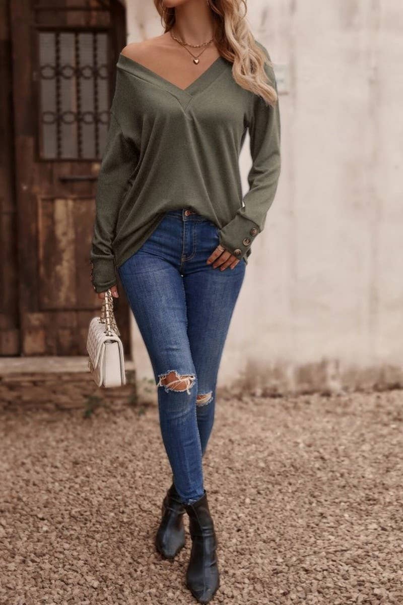 CWTBLL4000_SOLID V-NECK BUTTON LONG SLEEVE LOOSE TEE