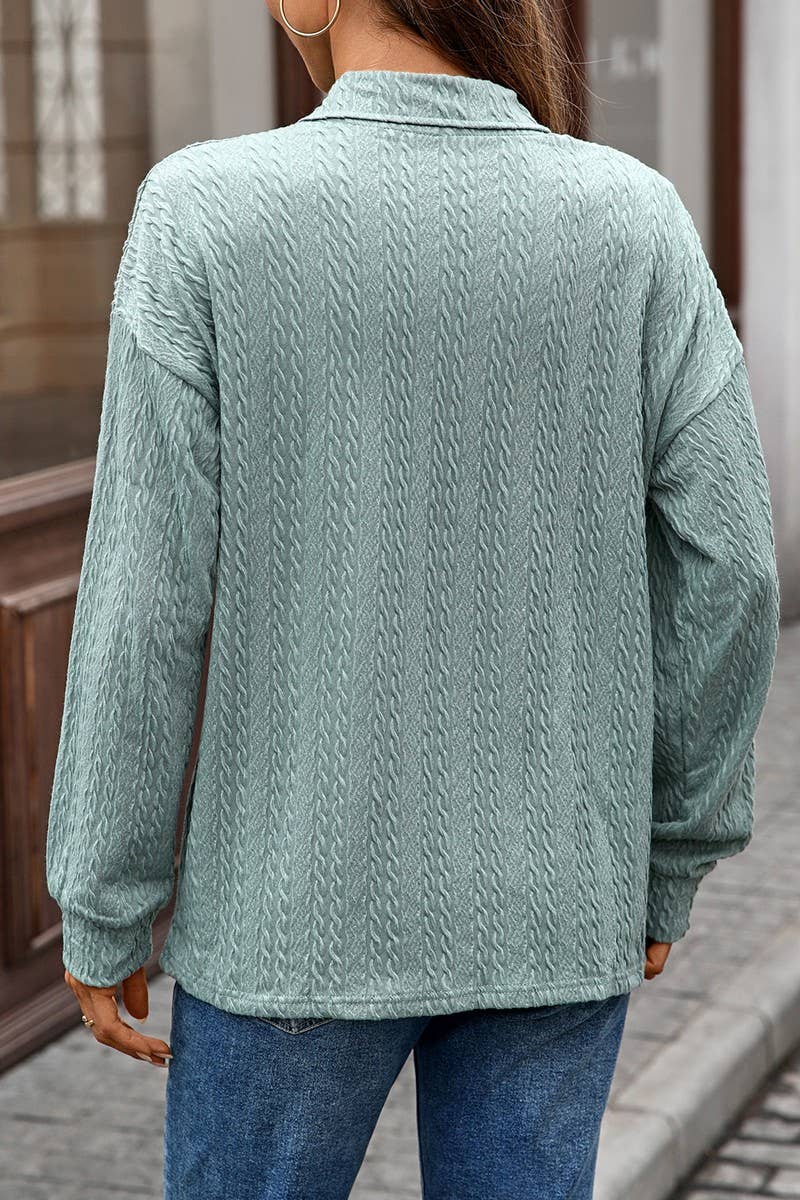 CWTBLL01307_V NECK CABLE KNIT SOLID LONG SLEEVE TEE