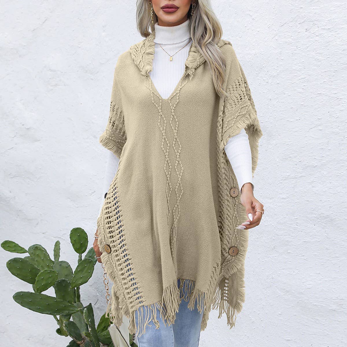 Casual loose V tie hat pullover cape coat