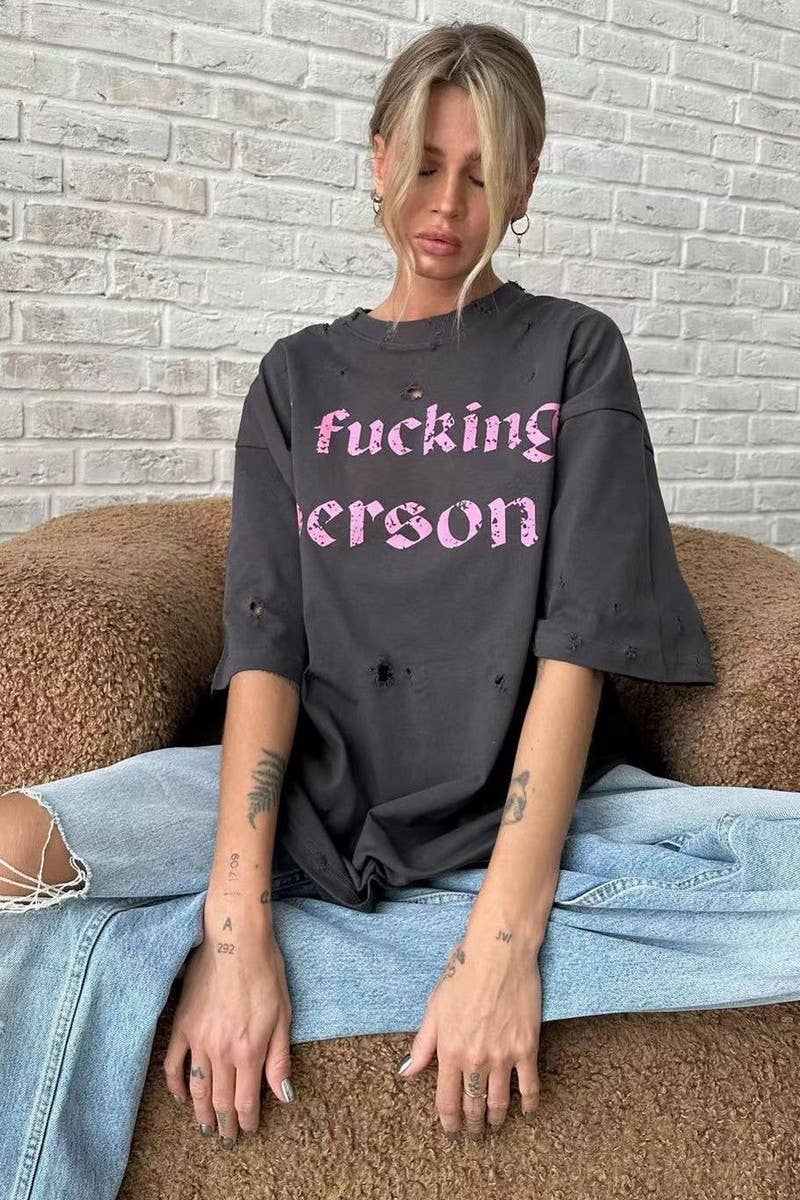 CWTTS1287_LETTER PRINT RIPPED STYLE MID-LENGTH SHORT SLEEVE