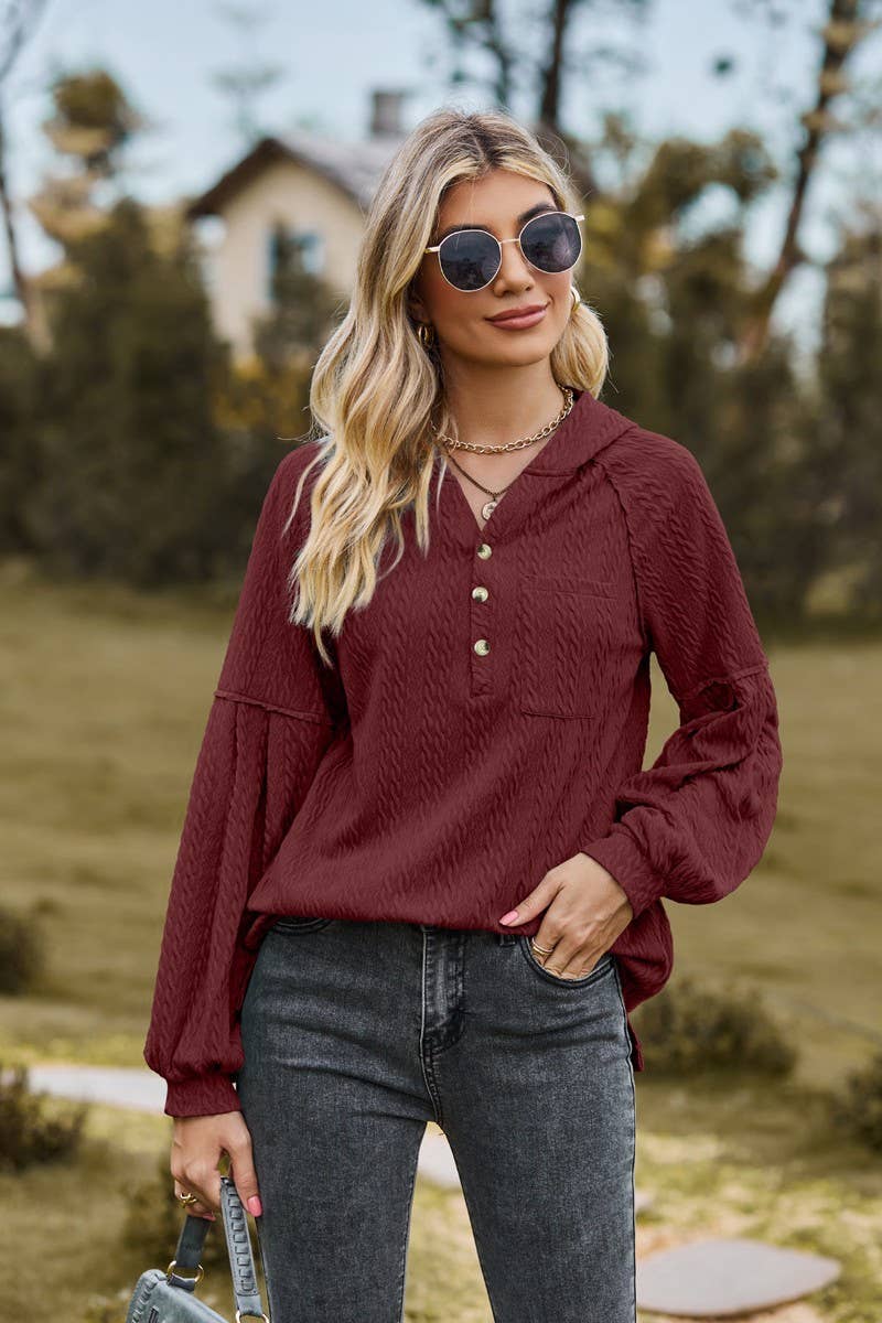 CWOHOL0738_BALLOON SLEEVE HOODED BUTTON LOOSE SWEATSHIRT