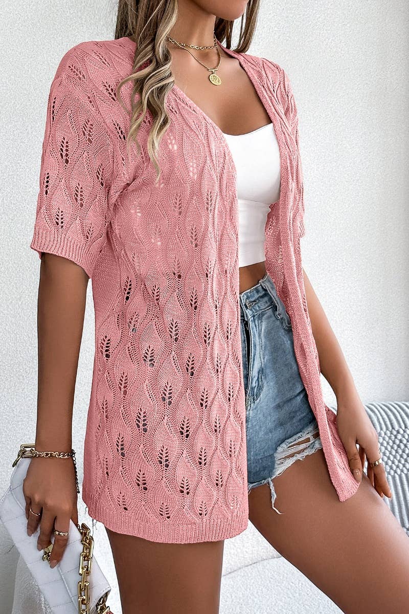 CWTBLS1063_KNITTED HOLLOW LEAF SHORT-SLEEVED SUNSCREEN SHIRT