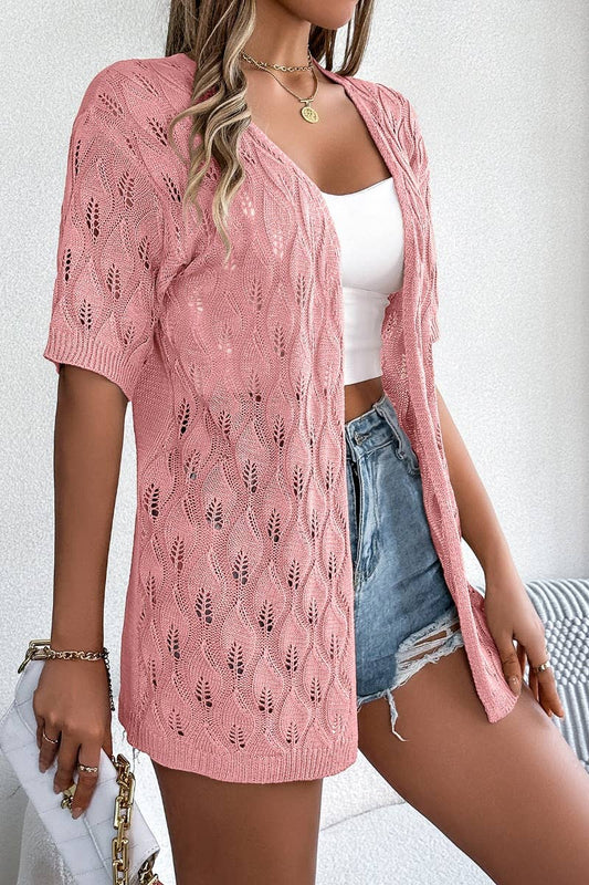 CWTBLS1063_KNITTED HOLLOW LEAF SHORT-SLEEVED SUNSCREEN SHIRT