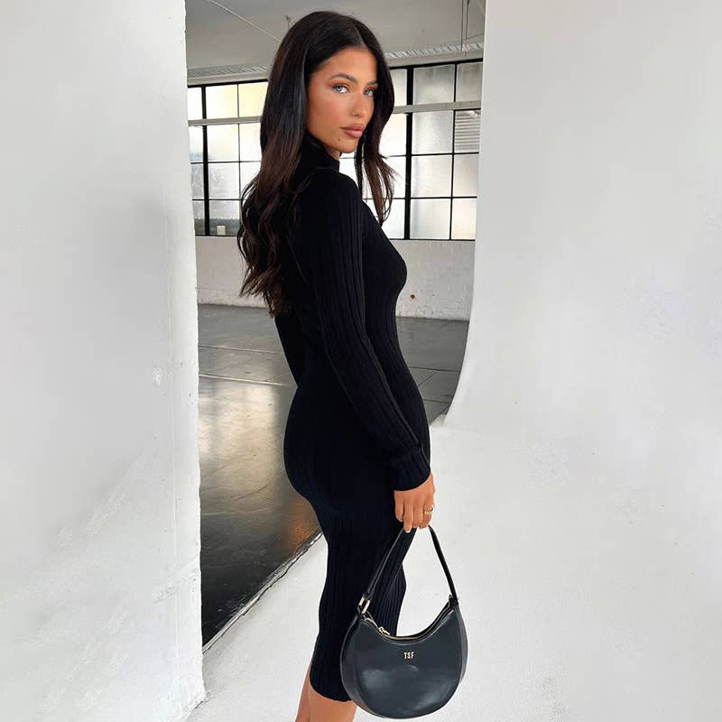 Casual slim-fit turtleneck wool woven large pit strip dress