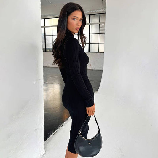 Casual slim-fit turtleneck wool woven large pit strip dress