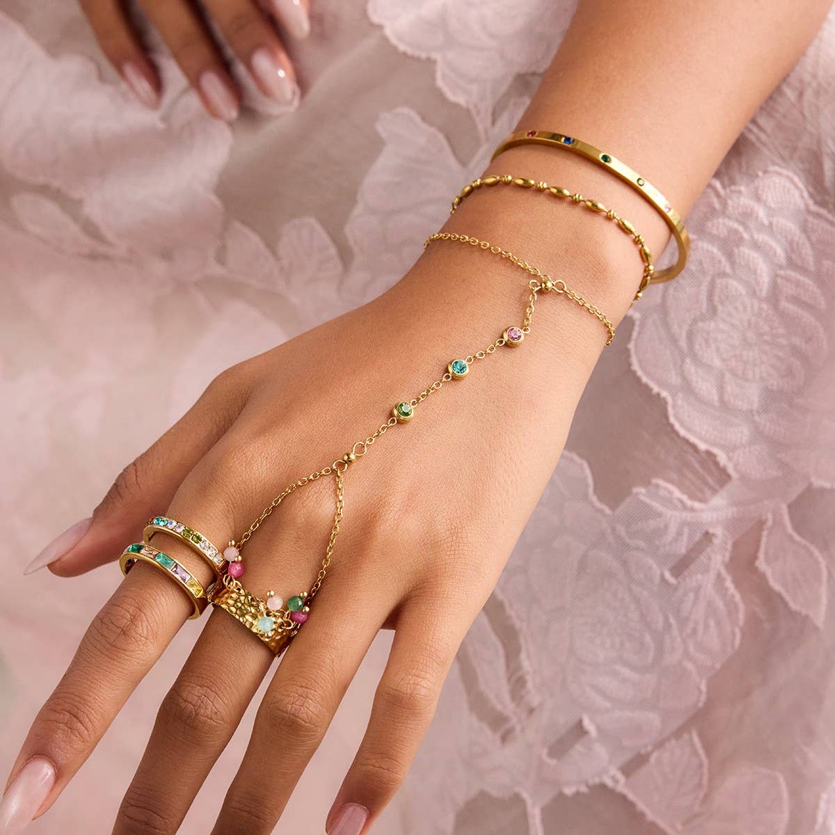18K Gold Zircon Chain Ring Bracelet Titanium_CWAJE4649