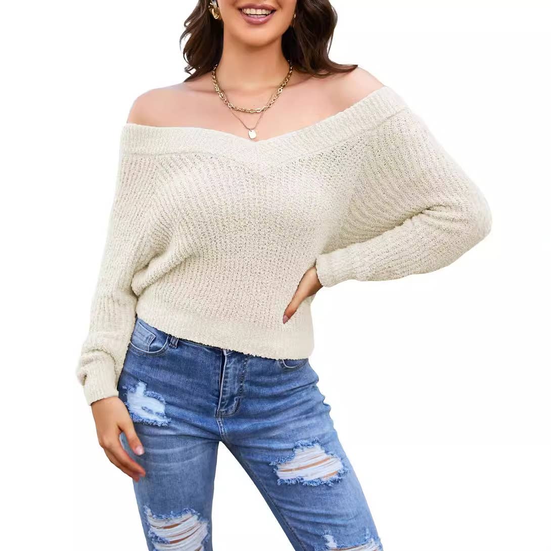 DOUBLE V-NECK SOLID SHORT PULLOVER SWEATER