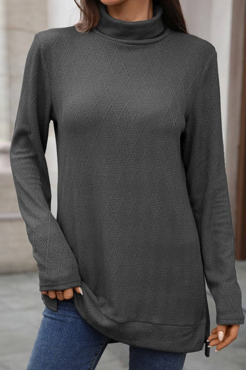 CWTBLL01289_HIGH NECK SOLID KNIT SPLIT HEM LONG SLEEVE TOP