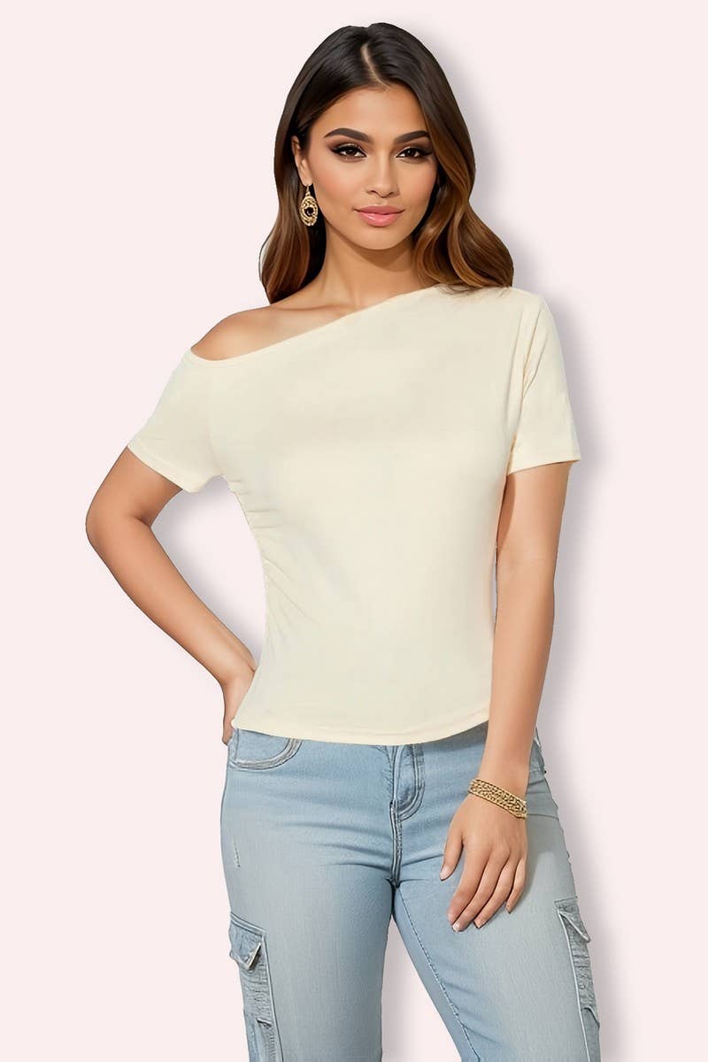 CWTBLS1912_ASYMMETRICAL NECK SLIM FIT OFF SHOULDER TOP