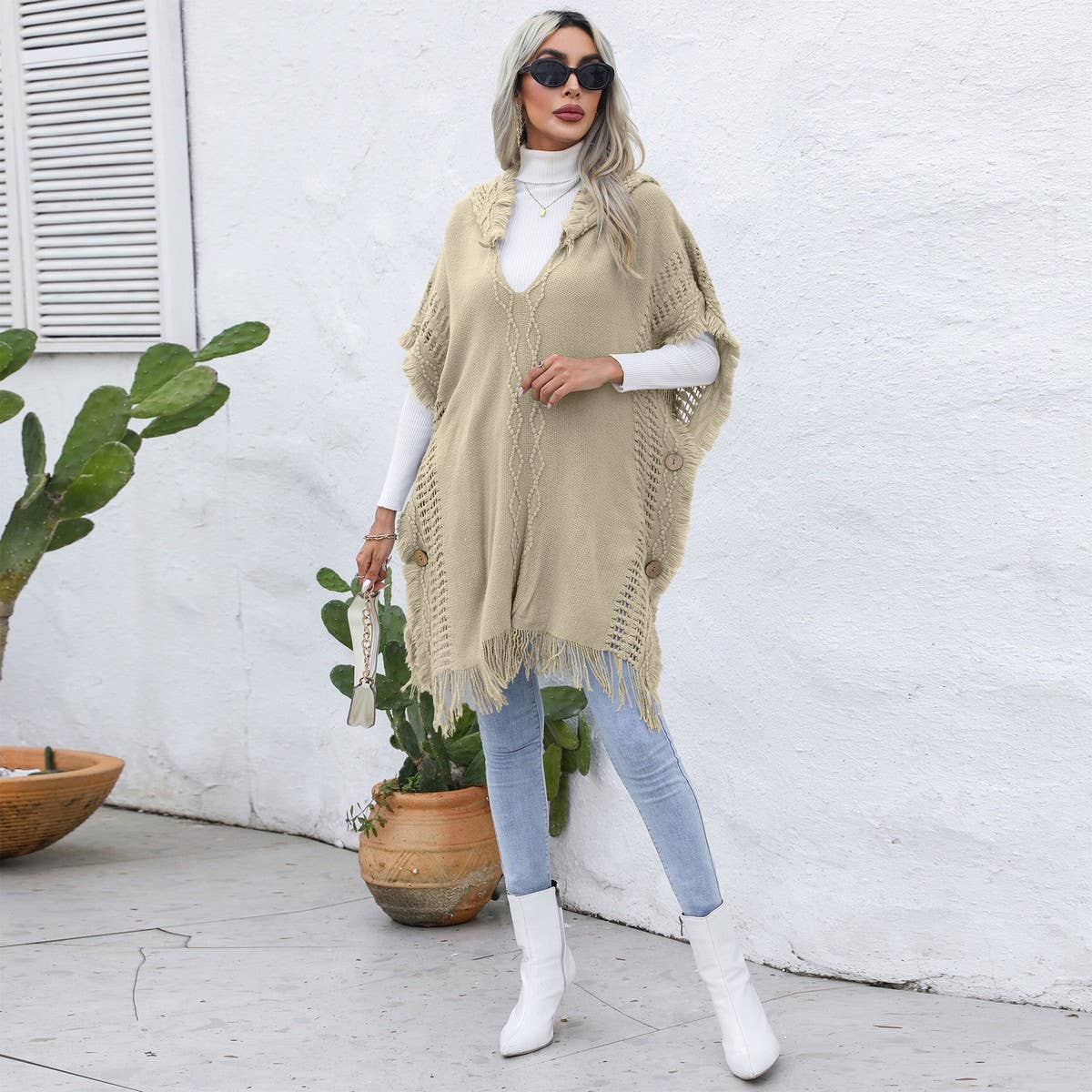 Casual loose V tie hat pullover cape coat
