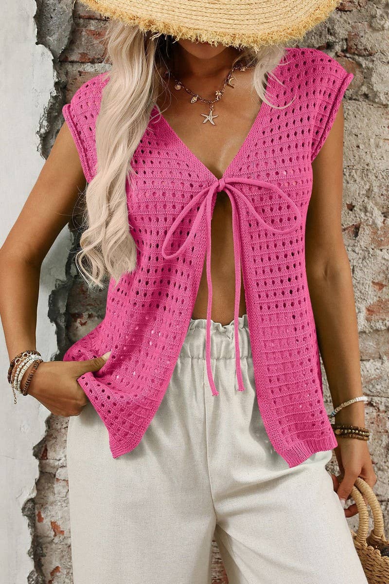 CWTTS1369_BOHEMIAN HOLLOW KNIT CARDIGAN LACE-UP BLOUSE