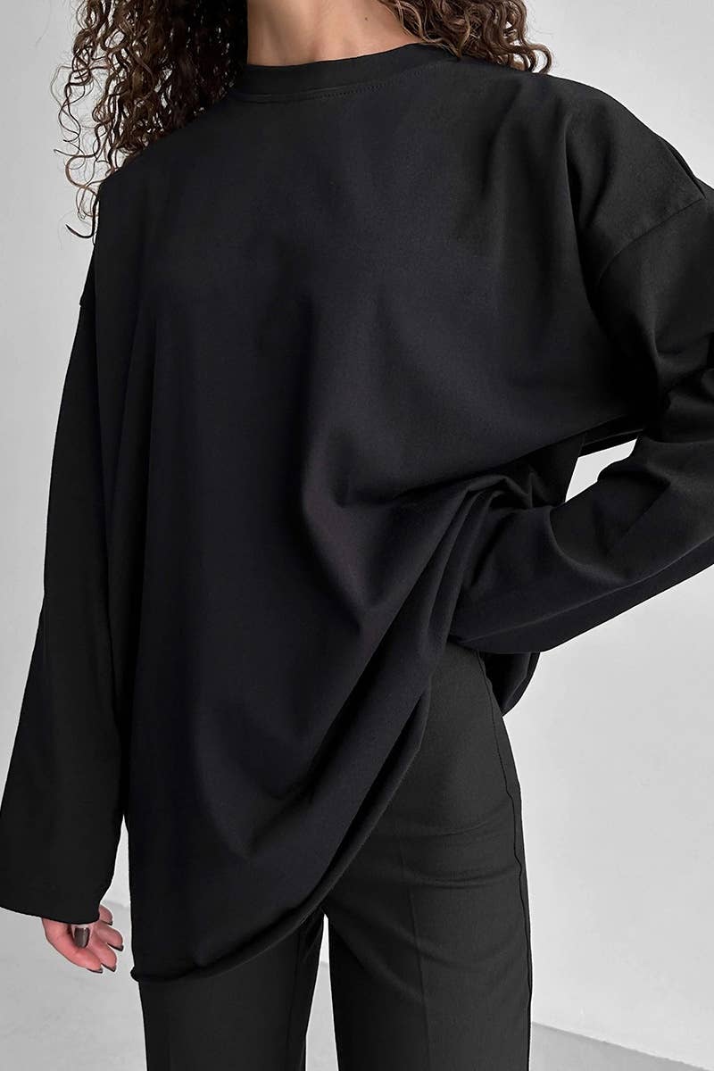 CWTBLL1730_LOOSE COTTON ROUND NECK LONG SLEEVE TOP