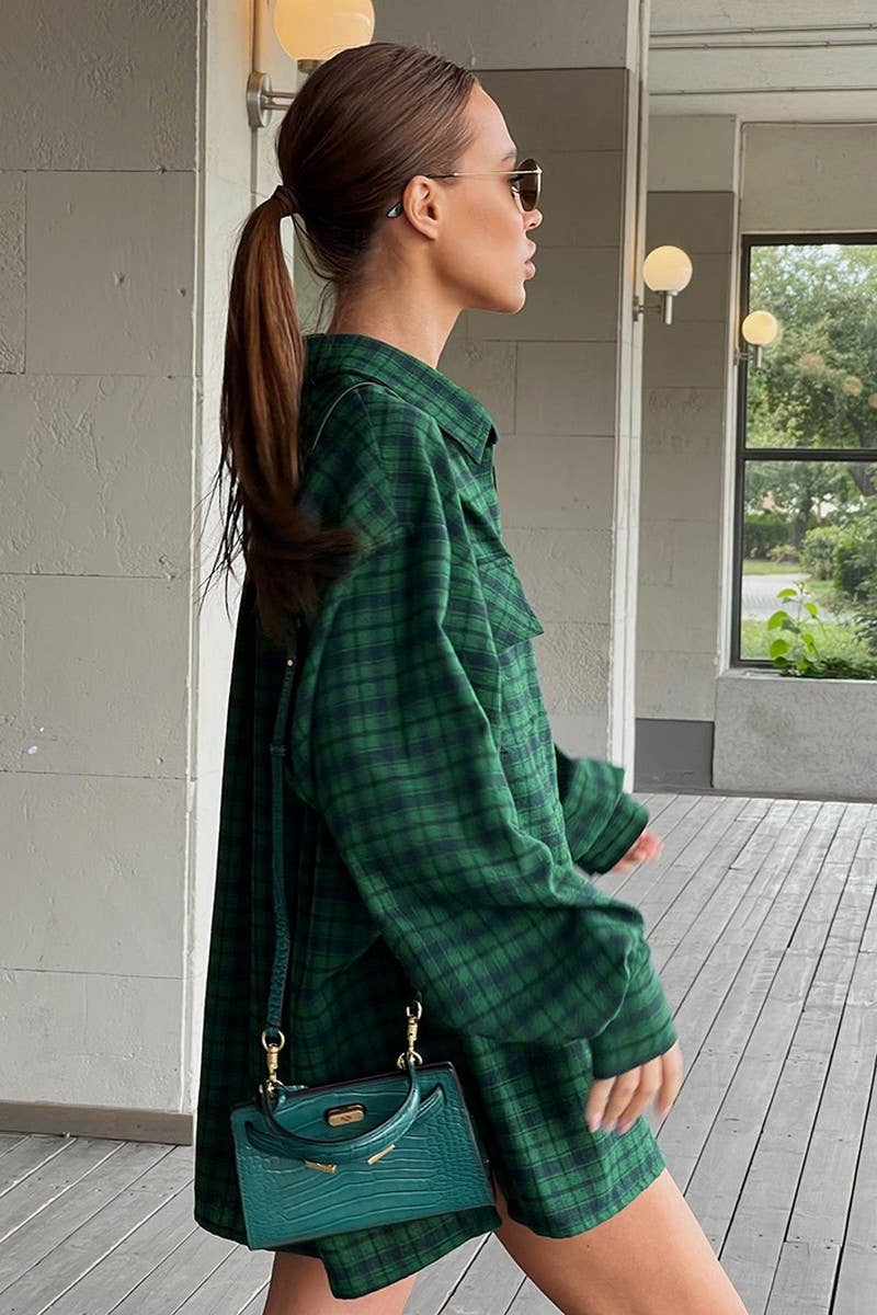 CWTBLL561_RETRO GREEN PLAID OVERSIZED LONG-SLEEVED SHIRT