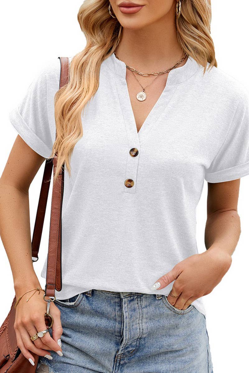 CWTTS1348_SOLID COLOR V-NECK BUTTON SHORT-SLEEVED T-SHIRT